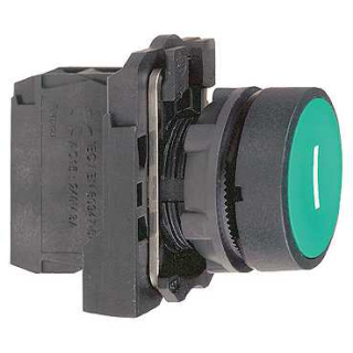 Push button, Harmony XB5, plastic, flush, green, 22mm, spring return, marked I, 1NO main