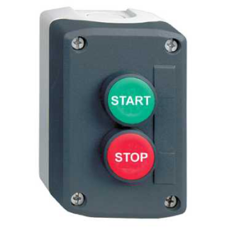 Control station, Harmony XALD, XALK, plastic, dark grey lid, 2 flush push buttons 22mm, marked START STOP, 1NO+1NC main