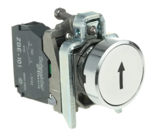 Push button, metal, Harmony XB4, flush, white, 22mm, spring return, marked UP ARROW, 1NO main