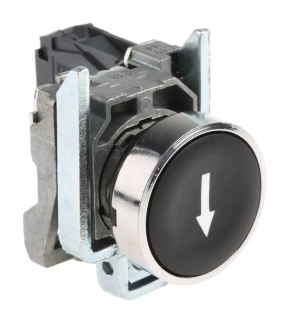 Push button, metal, Harmony XB4, flush, black, 22mm, spring return, marked DOWN ARROW, 1NO main