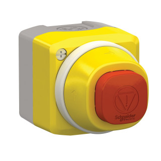Complete control station, Harmony XALD, XALK, plastic, yellow lid, 1 illuminated emergency stop, white red fixed, turn to release, 1NO 1NC, 24V AC DC