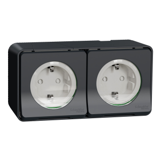 2-vietīga kontaktligzda, Mureva Styl, 2P + E ar slēģiem, sānu zemējums, 16A, 250V, virspuse, pelēka main