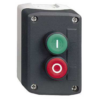 Complete control station, Harmony XALD, XALK, plastic, dark grey lid, 2 flush push buttons 22mm, marked I O, 1NO+1NC