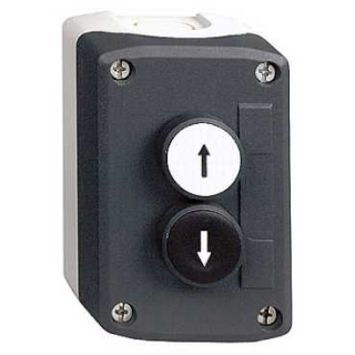 Control station, Harmony XALD, XALK, plastic, dark grey lid, 2 flush push buttons 22mm, marked UP ARROW DOWN ARROW, 2NO main