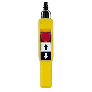 Pendant control station, Harmony XAC, plastic, yellow, pistol grip, 2 push buttons with 1NO, 1 emergency stop NC main