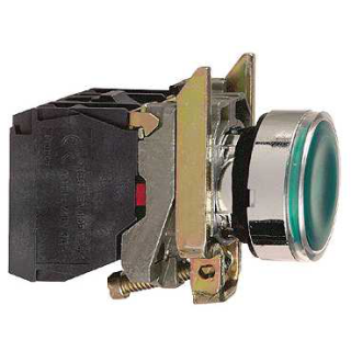 Illuminated push button, Harmony XB4, metal, green flush, 22mm, universal LED, plain lens, 1NO + 1NC, 110...120V AC main