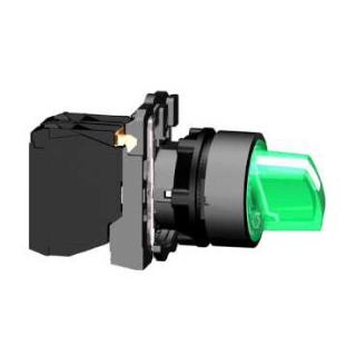 Illuminated selector switch, Harmony XB5, grey plastic, green handle, 22mm, 3 positions, universal LED, 1NO + 1NC, 24V AC DC main