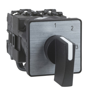 Cam changeover switch, Harmony K, multifixing, plastic, 4 poles, position 0, 45 degree, 20A, 45x45mm, metallic legend, marked 2/0/1, 35mm black handle main