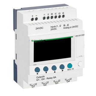 modular smart relay, Zelio Logic SR2 SR3, 10 IO, 24V DC, clock, display, 4 relay outputs main