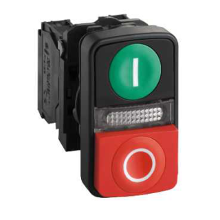 Illuminated double headed push button, Harmony XB5, plastic, 22mm, 1 green flush I + 1 pilot light + 1 red projecting O, 240V AC DC, 1NO + 1NC main