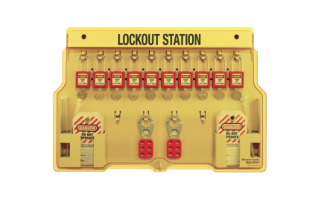 1483BP410 | 10 Padlocks Lockout Station with Cover- 10- 41RED Aluminium Padlocks, 2 Hasps,24 Tags. Keyed different main