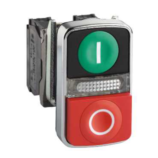 Illuminated double headed push button, Harmony XB4, metal, 22mm, 1 green flush I + 1 pilot light + 1 red projecting O, 240V AC, 1NO + 1NC main