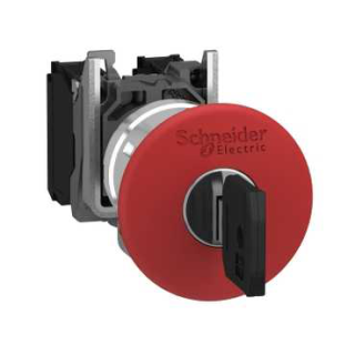 Emergency stop push button, Harmony XB4, metal, red mushroom, 40mm, 22mm, trigger latching key release, 1NO+1NC main
