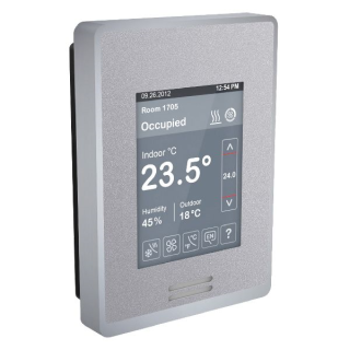Low-Voltage Fan Coil Room Controller & Zone Controller: BACnet MS/TP, RH sensor & control, Silver Case/Fascia main