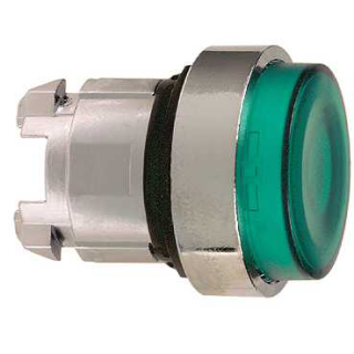 Head for illuminated push button, Harmony XB4, metal, green projecting, 22mm, universal LED, spring return, plain lens main