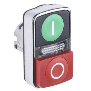 Illuminated double headed push button head, Harmony XB4, metal, 22mm, marked, 1 green flush I + 1 pilot light + 1 red projecting O main