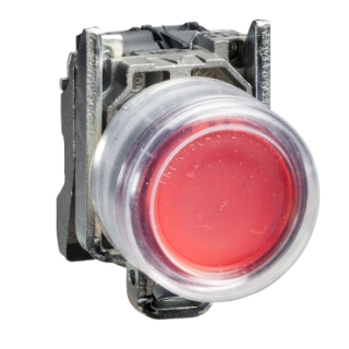 Complete illuminated push button, Harmony XB4 - ATEX D, metal, red flush, 22mm, spring return, booted, 1NC, 24V AC DC main