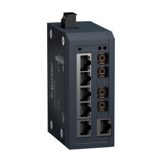 network switch, Modicon Networking, standard unmanaged, 6 ports for copper with 2 ports for singlemode fiber optic