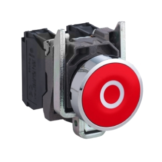 Push button, Harmony XB4, metal, flush, red, 22mm, spring return, marked O, 1NC main