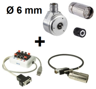 Enkodera starta komplekts: Enkoders DFS60B-S1PA10000 (1036755) + Sajūgs KUP-0606-S (2056406) + M23 konektors DOS-2312-G (6027538) + Programmators PGT-08-S (1036616) + savienojuma kabelis DSL-3D08-G0M5AC3 (2046580) main