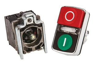 Illuminated double headed push button, Harmony XB4, metal, 22mm, 1 green flush I + 1 pilot light + 1 red projecting O, 1 NO + 1 NC main