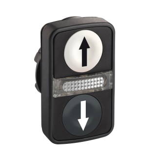 Head for illuminated double headed push button, Harmony XB5, 2 white black flush, 22mm, 1 central pilot light, marked up down arrow main
