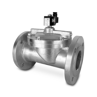 Flange solenoid valve DF65-NO DN65, Coil 230VAC, flow Kv: 43.2, flange connection: 4 x ø17.5 spacing ø145, working pressure: 0.5–10 bar, ambient temperature: -5 to +80°C, body material: cast iron main