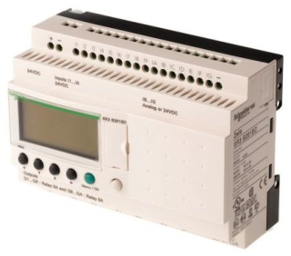 modular smart relay, Zelio Logic SR2 SR3, 26 IO, 24V DC, clock, display, 10 relay outputs main