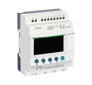 compact smart relay, Zelio Logic SR2 SR3, 12 IO, 24V DC, clock, display, 4 transistor outputs main