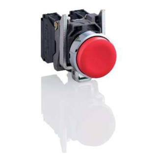 Push button, Harmony XB4, metal, projecting, red, 22mm, spring return, unmarked, 1NC main