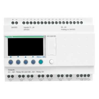 modular smart relay, Zelio Logic SR2 SR3, 26 IO, 24V DC, clock, display, 10 transistor outputs main