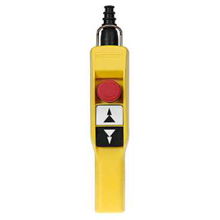 Pendant control station, Harmony XAC, plastic, yellow, pistol grip, 2 push buttons with 2NO, 1 emergency stop NC main