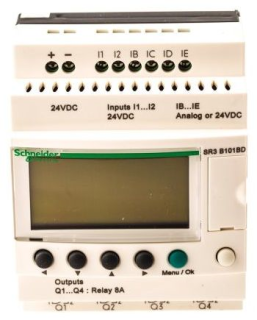modular smart relay, Zelio Logic SR2 SR3, 10 IO, 24V DC, clock, display, 4 relay outputs main