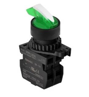Pārslēdzis 2 pozīcijas zaļš ar ilumināciju un fiksāciju, NO modulārs, 22mm, kontakti 220V/6A, LED-110/220 VAC, Darbības leņķis-Pa kreisi 45º, Pa labi 45º, S2SRN-L4BGALM AUTONICS main
