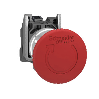 Emergency stop switching off, Harmony XB4, metal, red mushroom 40mm, 22mm, trigger latching turn to release, 1NC with monitoring