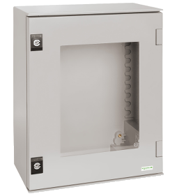 Wall mounted polyester enclosure, PanelSeT PLM, glazed door, 530x430x200mm, IP66, IK08, RAL 7035 main