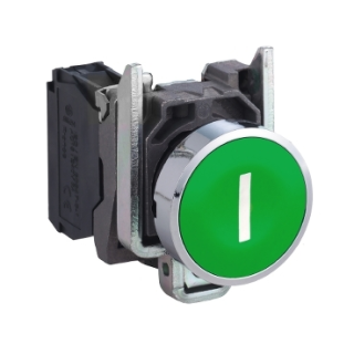 Push button, metal, Harmony XB4, flush, green, 22mm, spring return, marked I, 1NO main