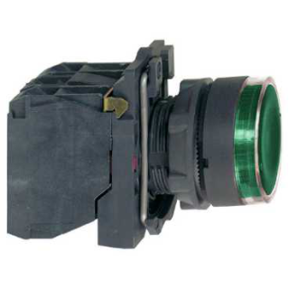 Illuminated push button, Harmony XB5, plastic, flush, green, 22mm, plain lens for BA9s bulb, spring return, lower than 250V, 1NO + 1NC main