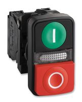 Illuminated double headed push button, Harmony XB5, plastic, 22mm, 1 green flush I + 1 pilot light + 1 red projecting O, 1 NO + 1 NC main
