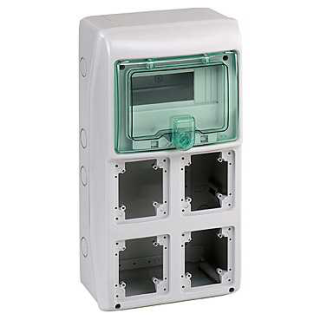 Enclosure for power outlet, Mureva Enclosure, 1x8 modules, 4 openings 90x100mm, (W)236mm x (H)460mm, without term. block