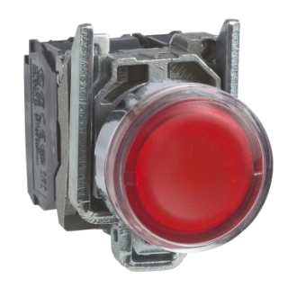 Illuminated push button, Harmony XB4, metal, red flush, 22mm, universal LED, plain lens, 1NO + 1NC, 24V AC DC main