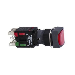 Complete illuminated push button, Harmony XB6, red square flush, 16mm, spring return, 1NO + 1NC,  12...24V