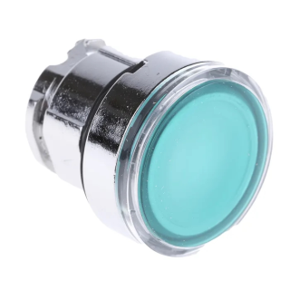 Head for illuminated push button, Harmony XB4, metal, green flush, 22mm, universal LED, spring return, plan lens main