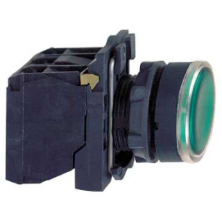 Illuminated push button, Harmony XB5, plastic, green flush, 22mm, universal LED, plain lens, 1NO + 1NC, 230...240V AC main
