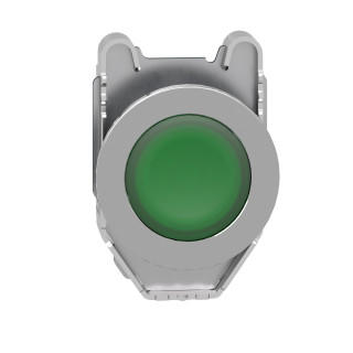 Head for illuminated push button, Harmony XB4, metal, green flush mounted, 30mm, universal LED, unmarked