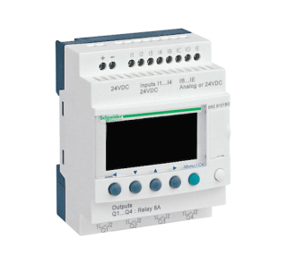 compact smart relay, Zelio Logic SR2 SR3, 12 IO, 24V DC, clock, display, 4 relay outputs main