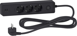 Trailing lead, Unica extend, 3 Schuko, swicthable,  USB type A+A, 3m cable, anthracite main