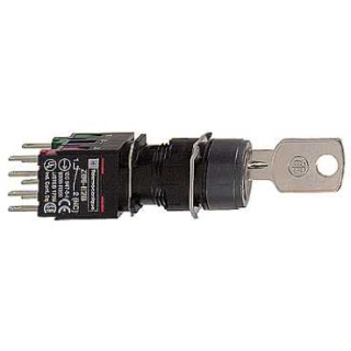 Selector switch, Harmony XB6, black round, 16mm, 3 positions, stay put, 1NO + 1NC, key 200